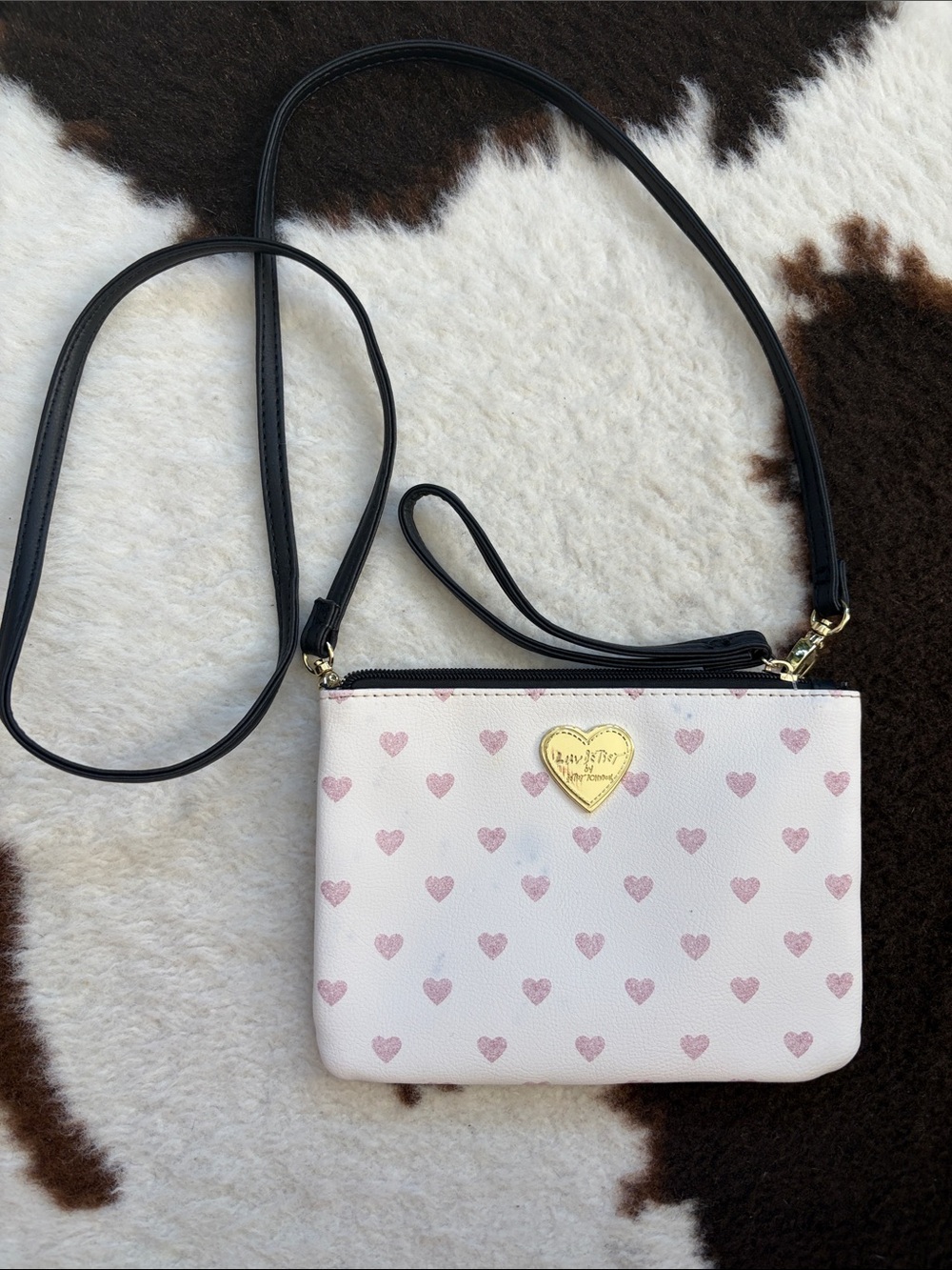 Betsey Johnson Pink Heart Print Crossbody with Black Strap